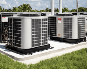 large commercial air conditioning units on a cement platform.