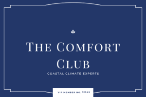 Coastal Climate Experts' dark blue Comfort Club Card with white accents and text that reads 