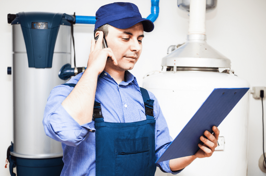 A plumber on the phone while he looks at a clipboard while standing in front of a water heater.