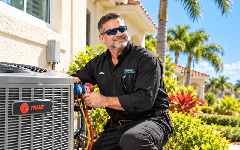 Coastal Climate Experts technician servicing a Trane residential AC unit